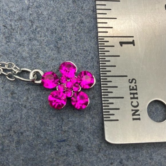 Choker Necklace Black Lace Pink Rhinestone Flower Silver Chain Barbie Retro Glam - Picture 7 of 10